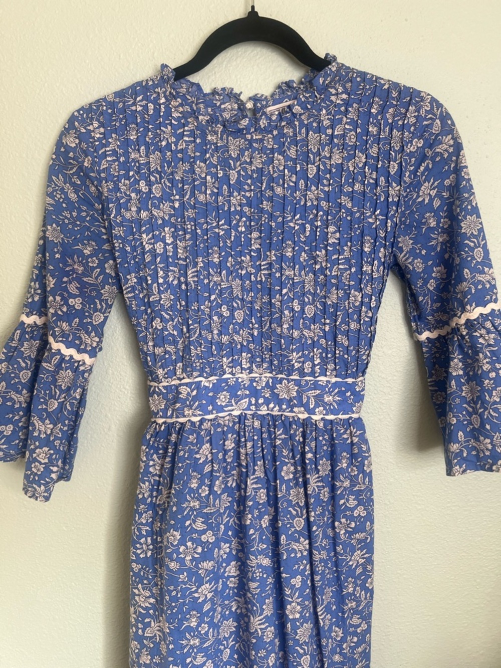 Pink City Prints Blue Floral Midi Dress Prairie Boho Pintuck Cotton S